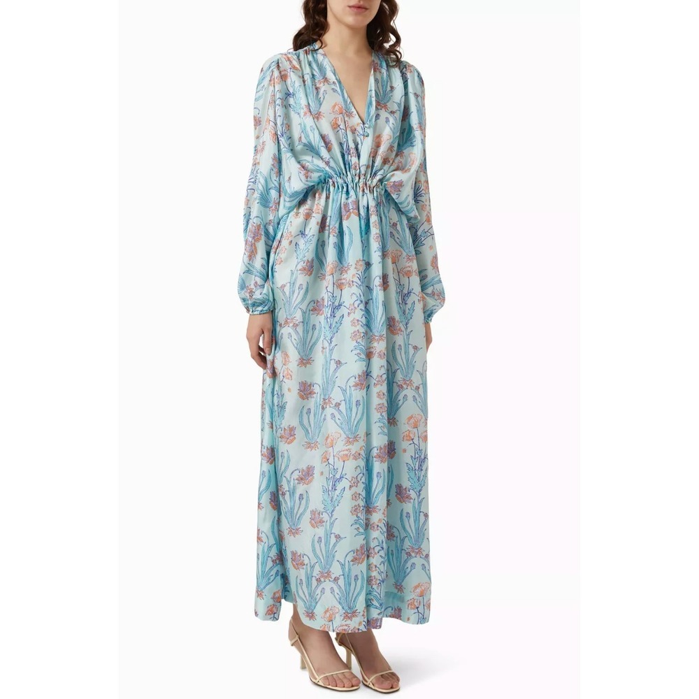 B41 Hannah Artwear Florence Maxi Dress 2 US 8 Blue Floral Silk Long Sleeve Flowy